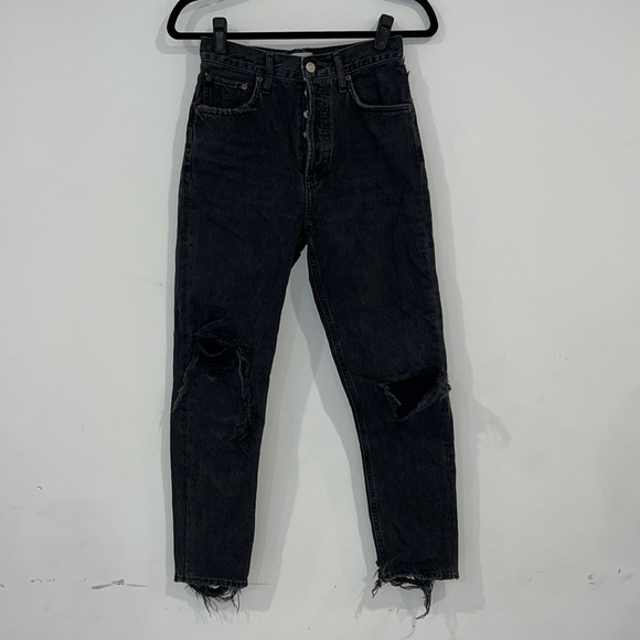 AGOLDE 90’s Black Mid Rise Distressed Ripped Destroyed Raw Hem Jeans size 24 - Picture 2 of 16
